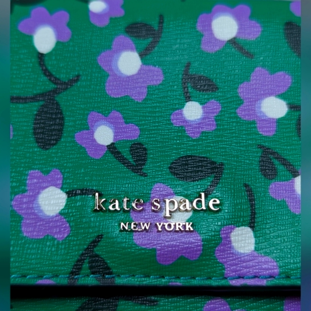 NWOT Kate Spade Molly Party Green Clutch - ditsy purple floral leather wallet - Picture 4 of 11